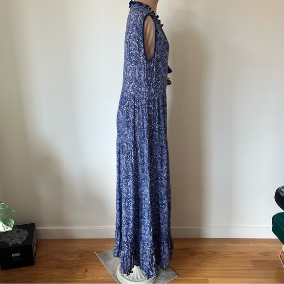Poupette St Barth Clara Floral Blue Tassle Button Up Maxi Sun Dress EUC Size S - Picture 4 of 9